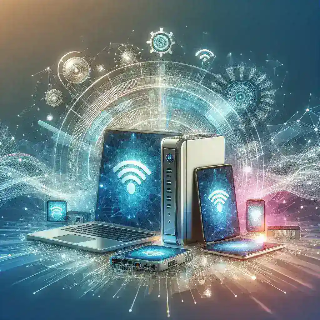 Alt text: "Ilustrasi Wi-Fi 6E, menampilkan simbol koneksi nirkabel dan perangkat modern yang terhubung, menggambarkan teknologi terbaru dalam artikel 'Apa Itu Wi-Fi 6E? Panduan Lengkap untuk Memahami Teknologi Terbaru'."